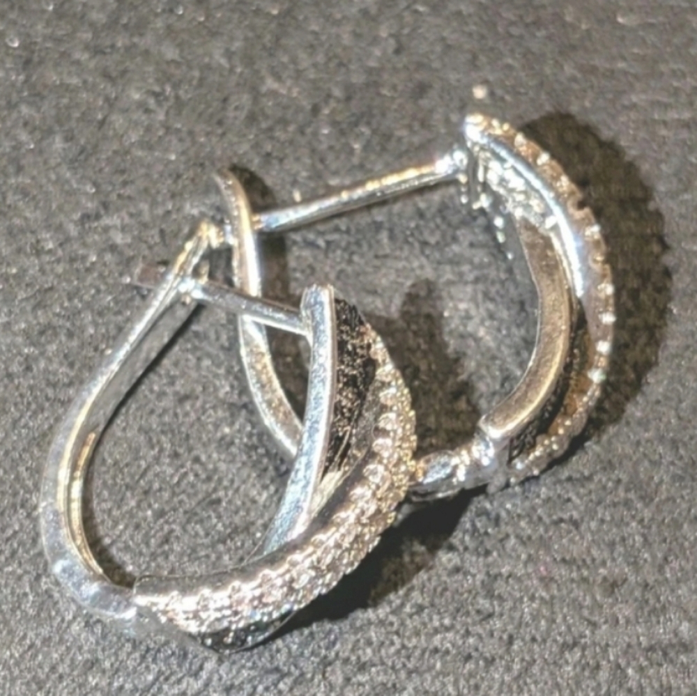 Lab Created Black Diamond Cluster Crossover Hoop Earrings 14k White Gold Plated - Picture 16 of 16